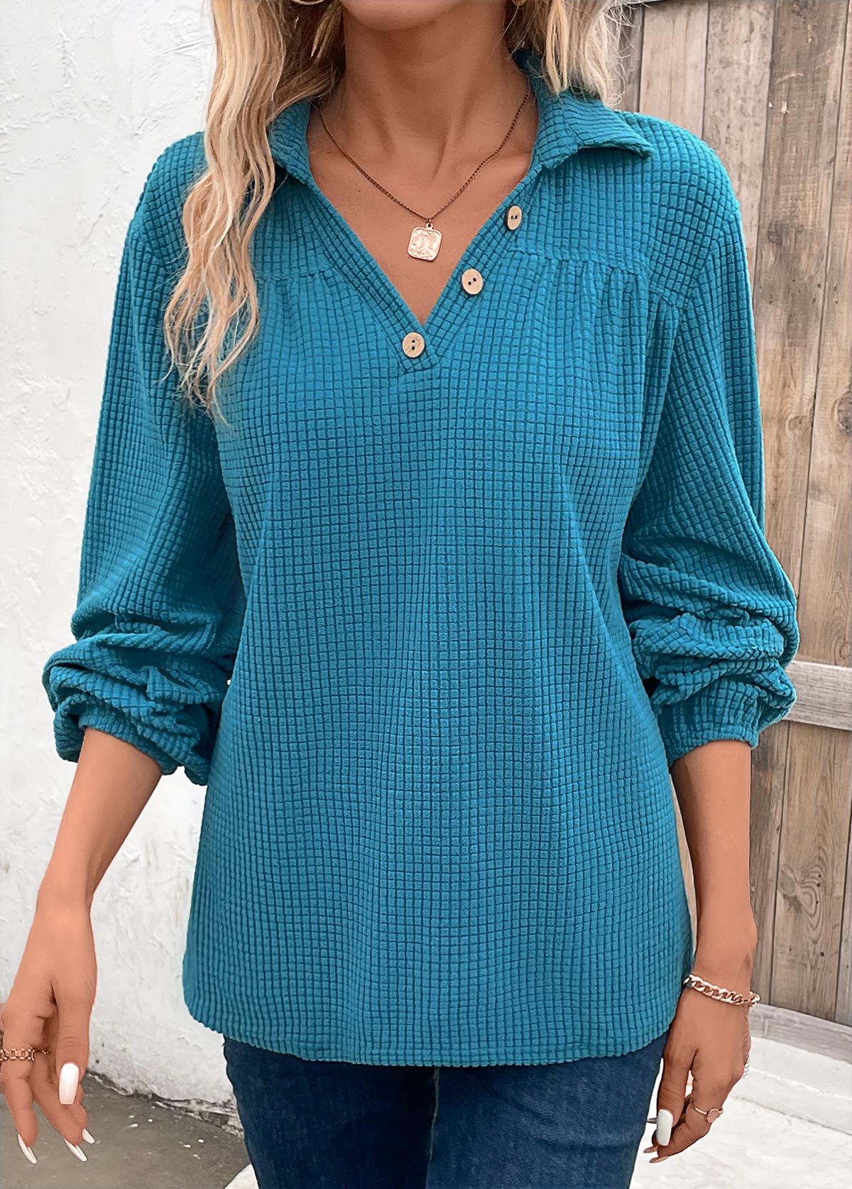 Ruched Peacock Blue Long Sleeve Shirt Collar Blouse