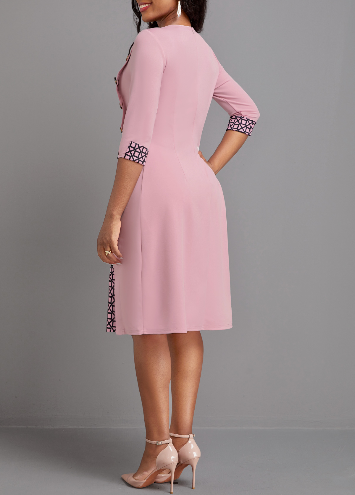 Geometric Print Button Pink A Line Dress