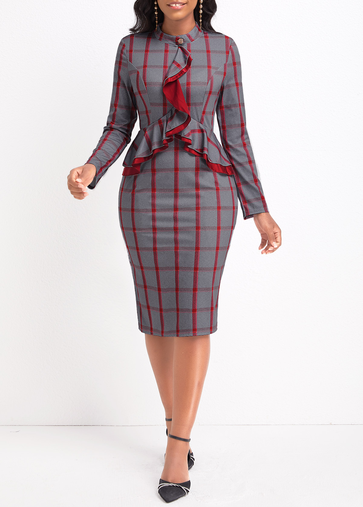 Plaid Ruffle Red Long Sleeve Stand Collar Bodycon Dress