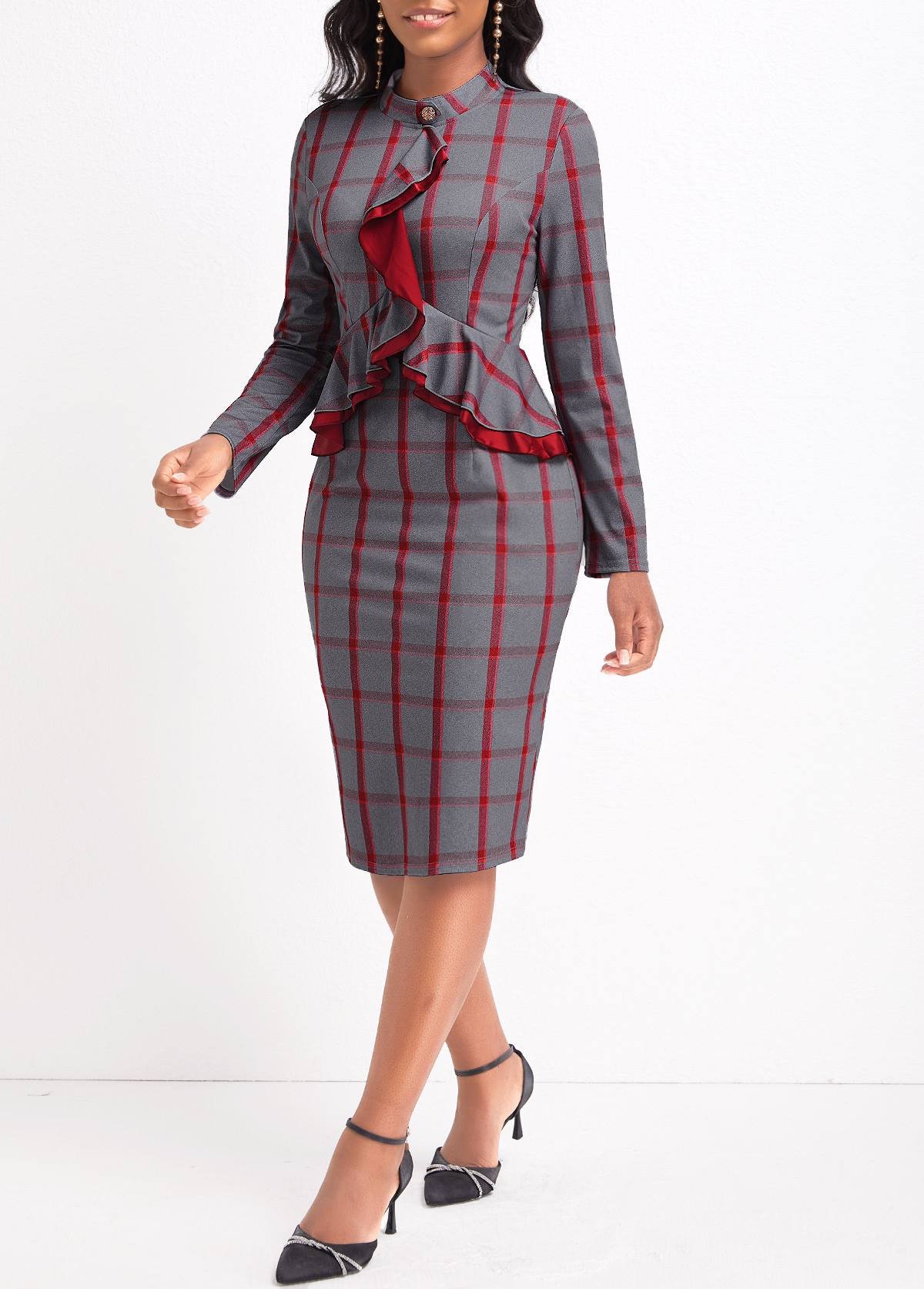 Plaid Ruffle Red Long Sleeve Stand Collar Bodycon Dress