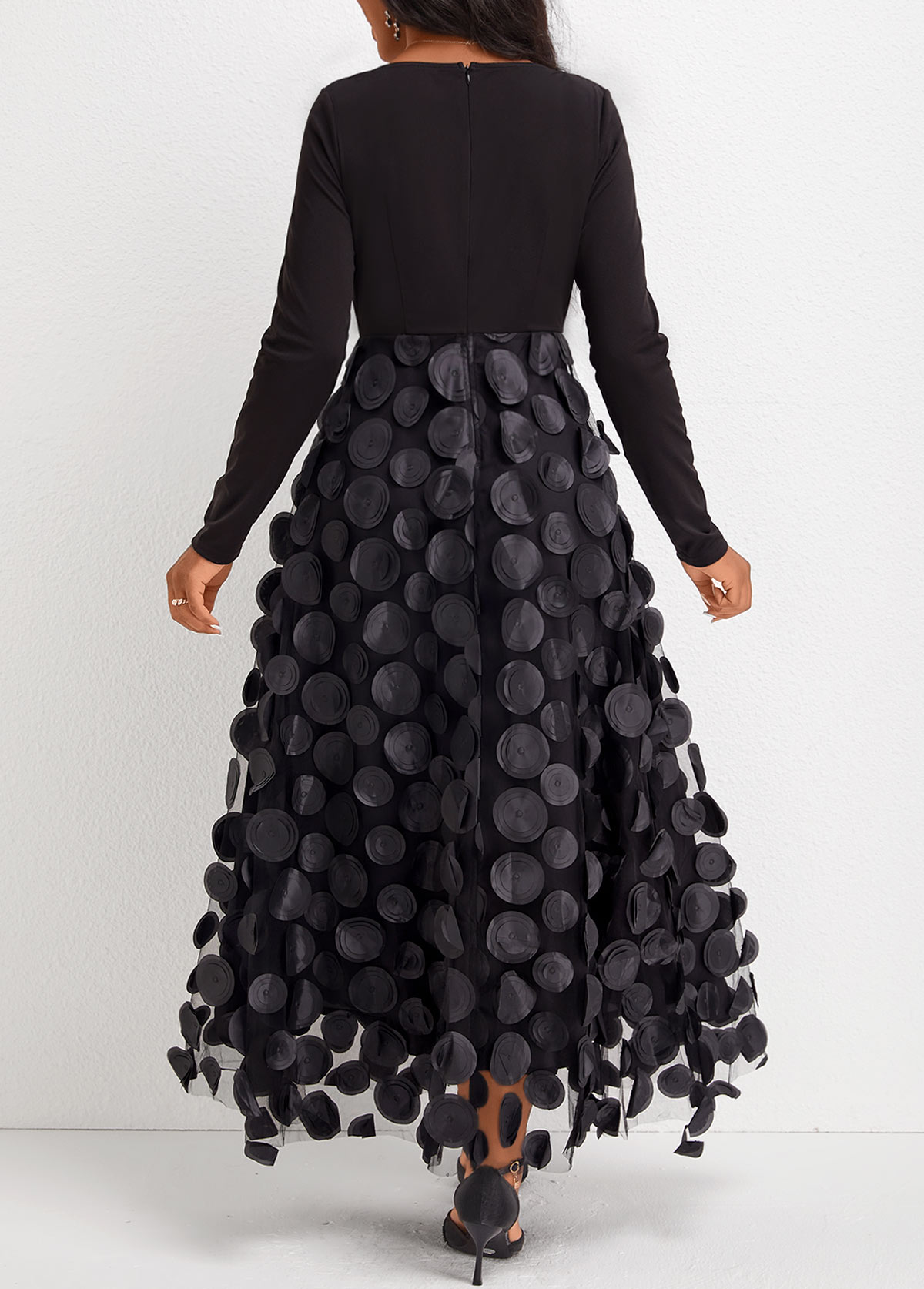 Patchwork Black Split Neck Long Sleeve Maxi Dress