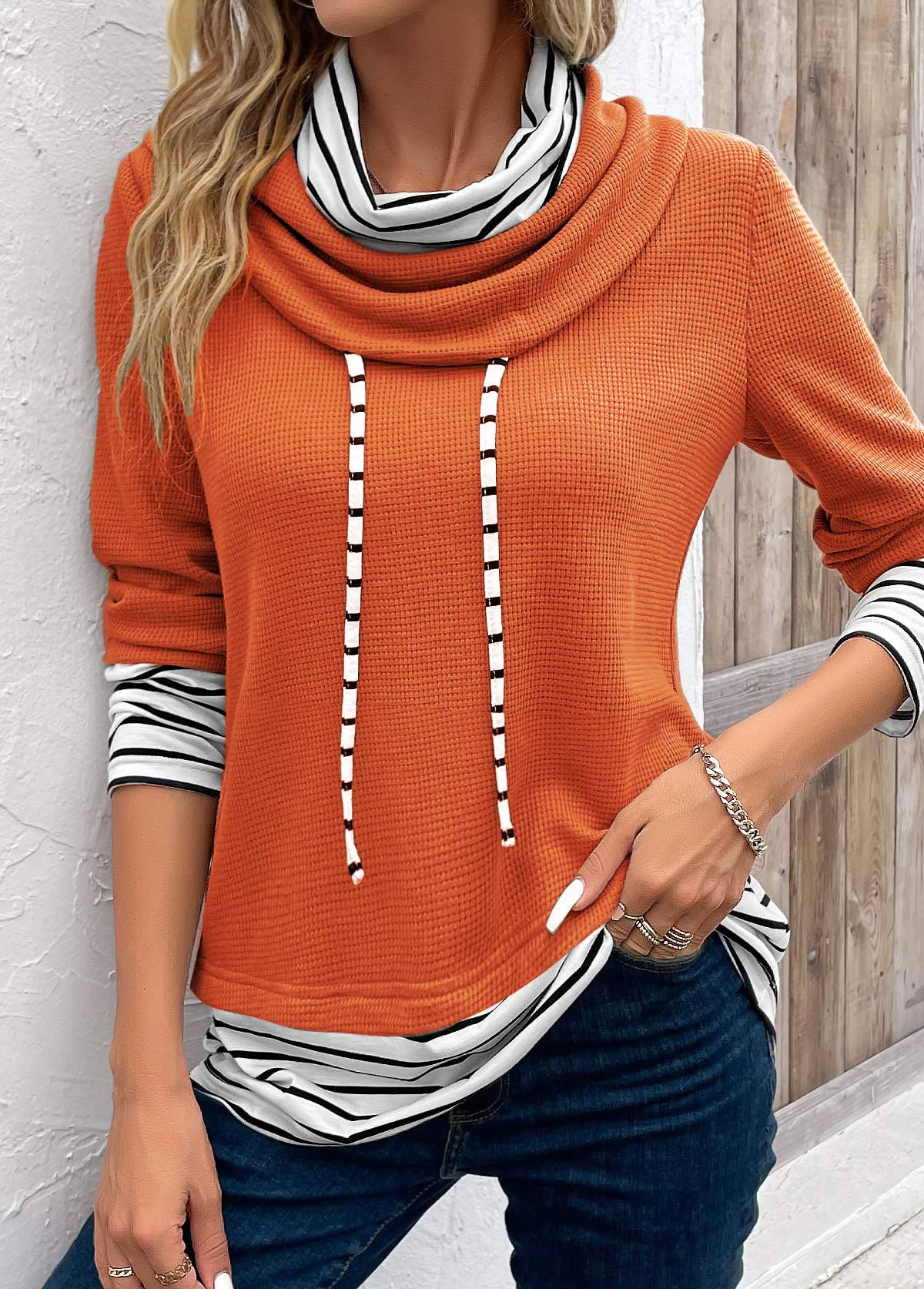 Striped Patchwork Orange Cowl Neck Long Sleeve Sweatshirt
