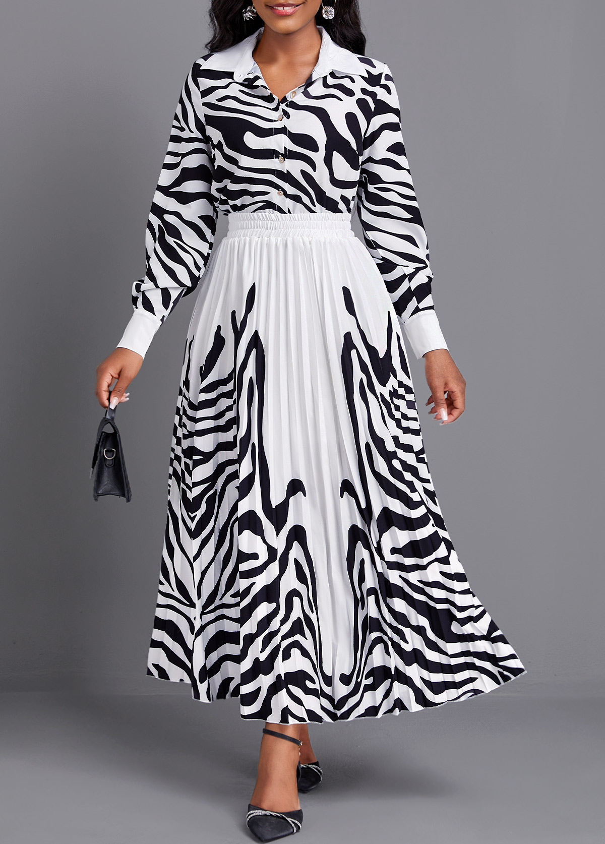 Zebra Stripe Print Pleated White Maxi Top and Skirt