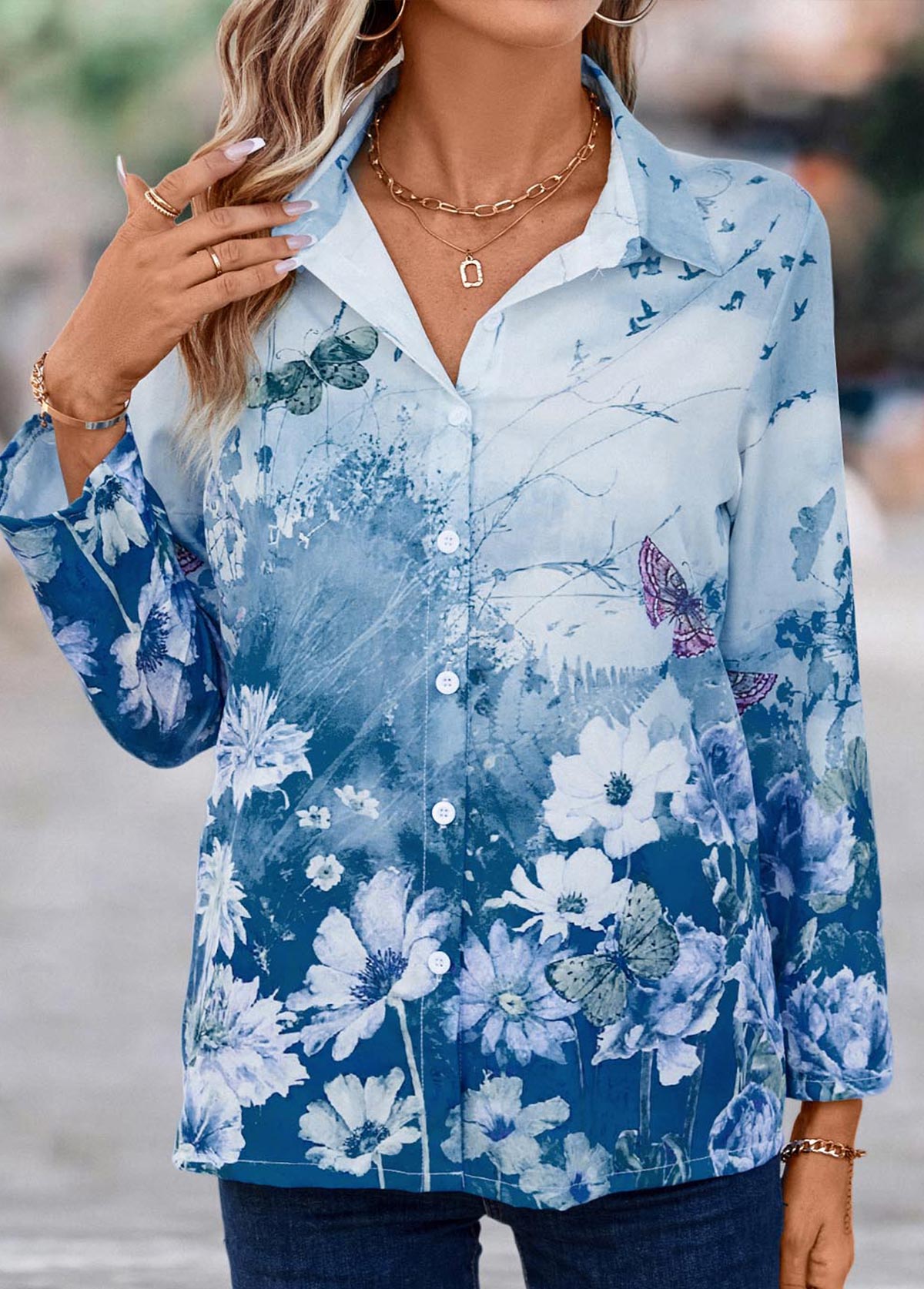 Floral Print Button Blue Shirt Collar Blouse