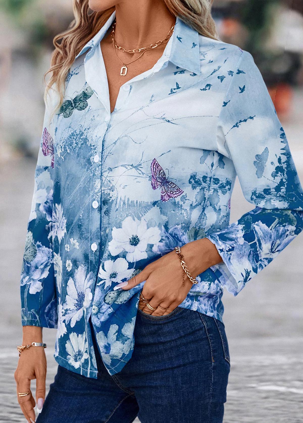 Floral Print Button Blue Shirt Collar Blouse