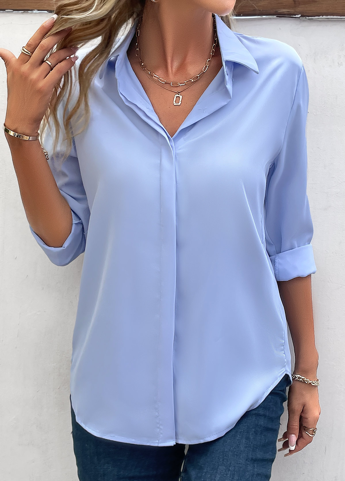 Patchwork Blue Long Sleeve Shirt Collar Blouse