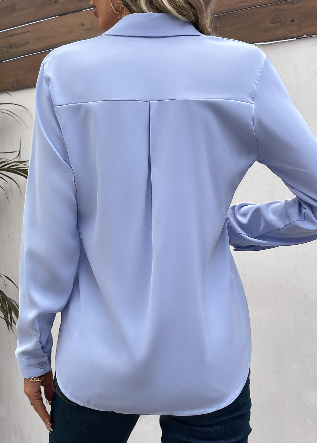 Patchwork Blue Long Sleeve Shirt Collar Blouse