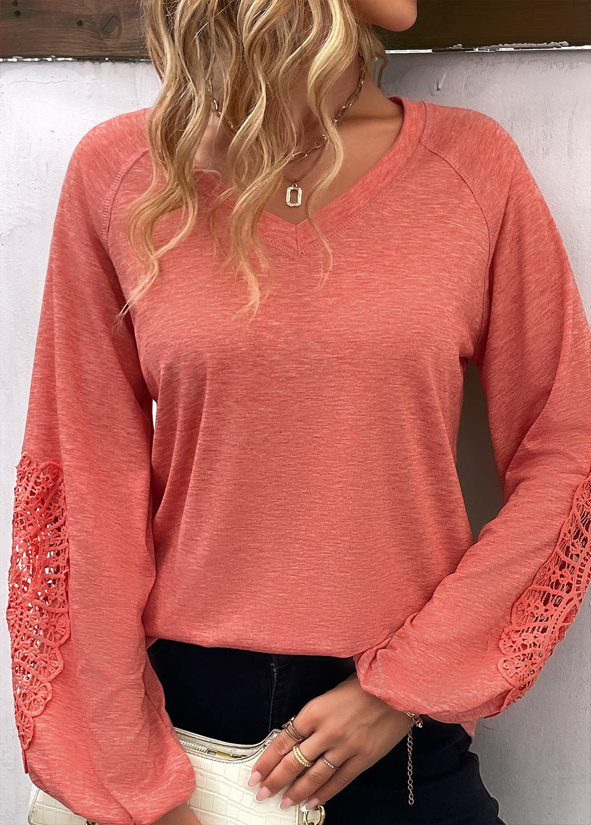 Patchwork Round Neck Long Sleeve Coral T Shirt