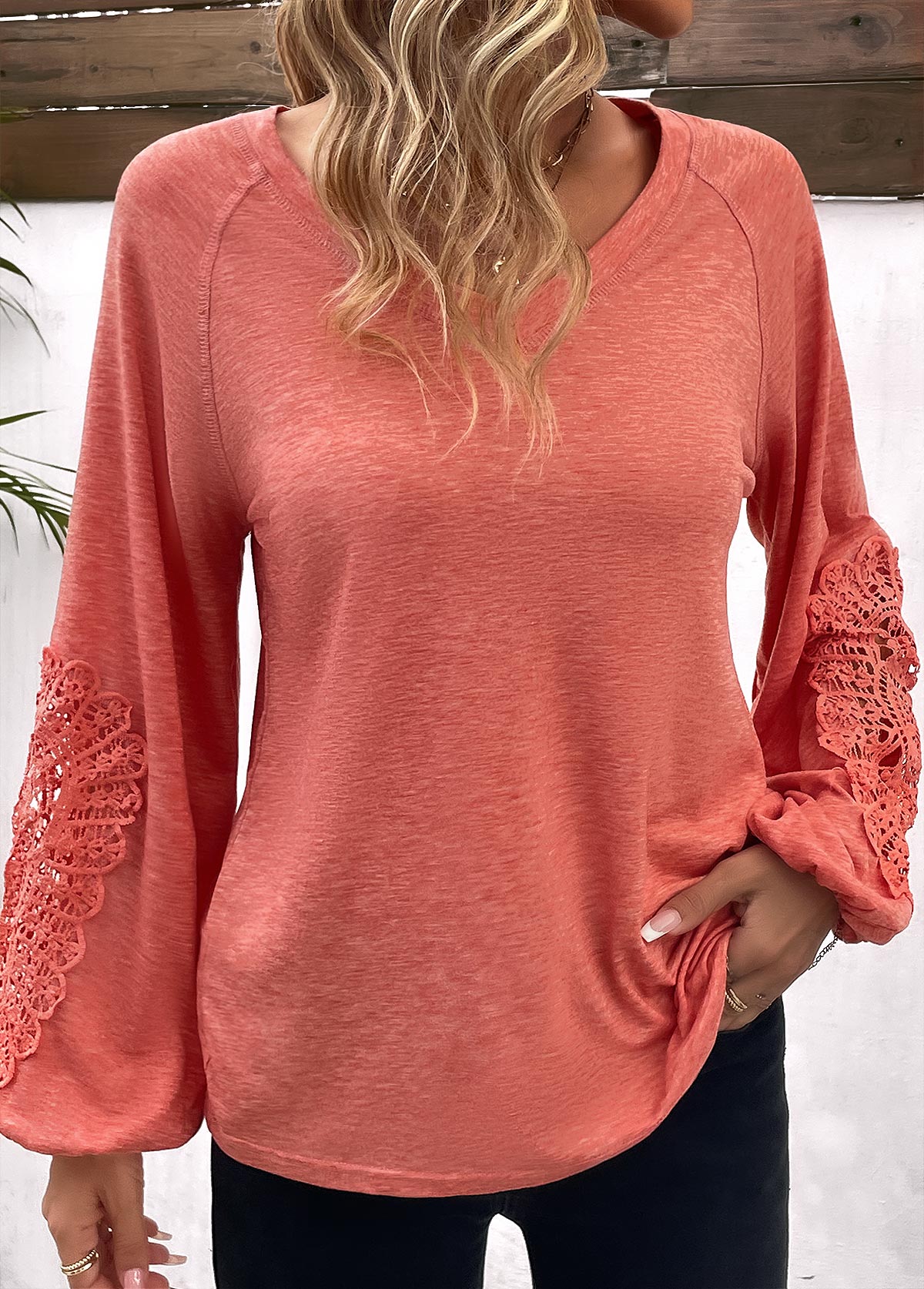 Patchwork Round Neck Long Sleeve Coral T Shirt