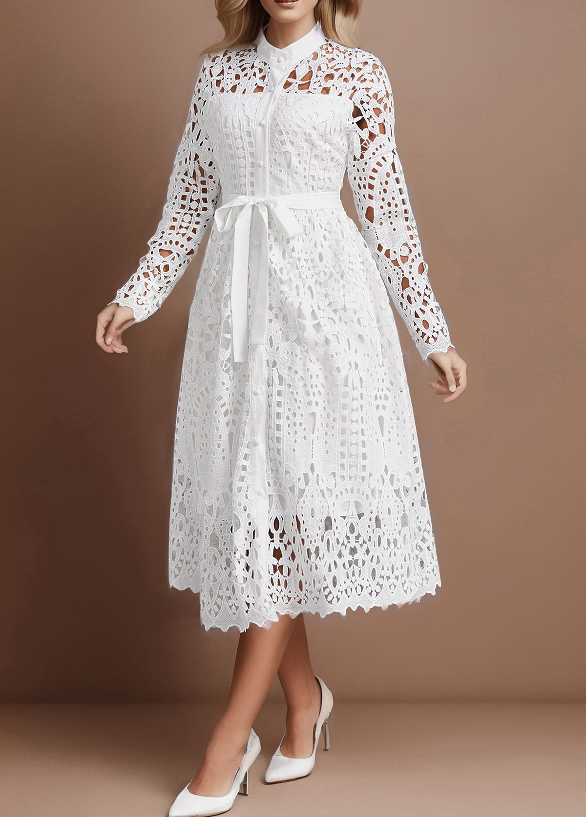 Lace Belted White Stand Collar Long Sleeve Dress