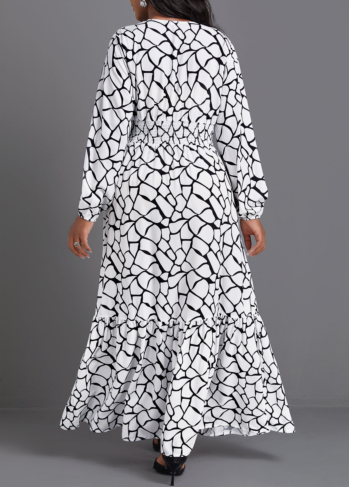 Crocodile Print Smocked White V Neck Dress