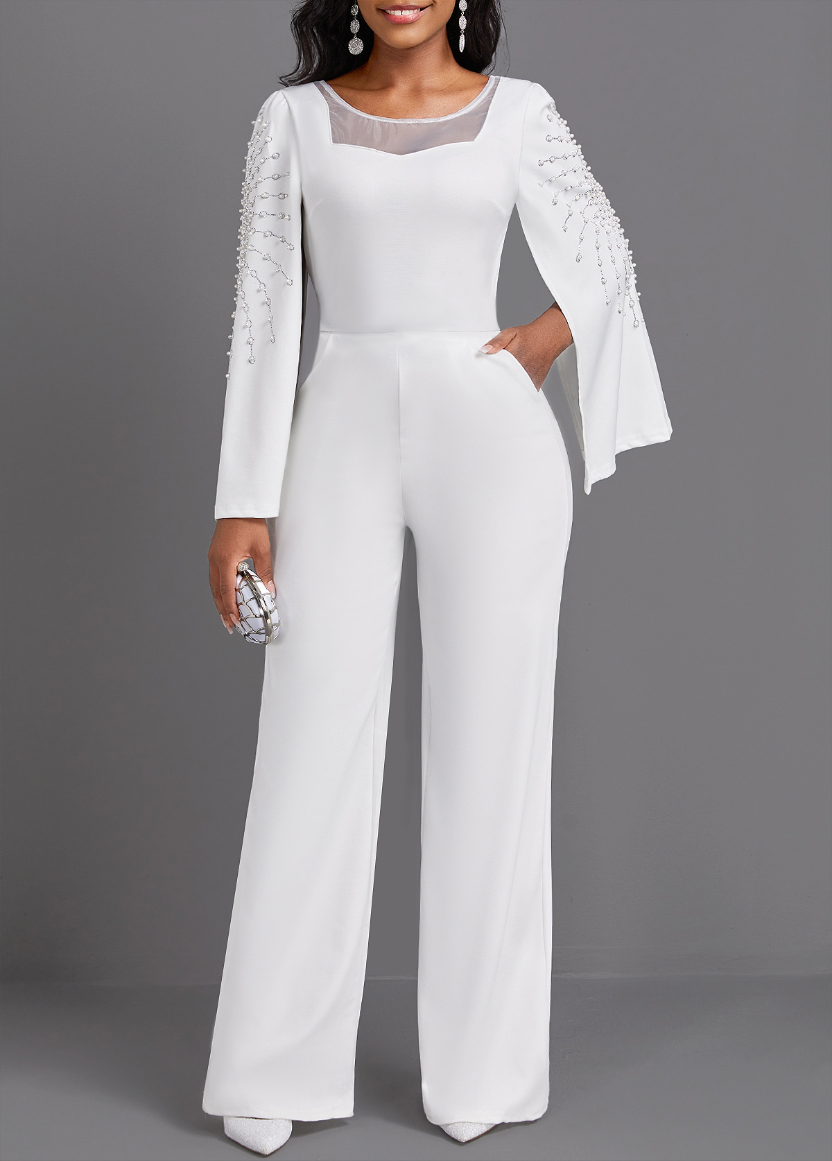 Beaded Long Round Neck White Jumpsuit | Rosewe.com - USD $38.98