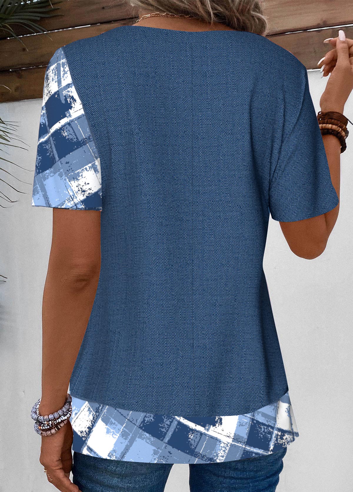 Geometric Print Patchwork Denim Blue T Shirt