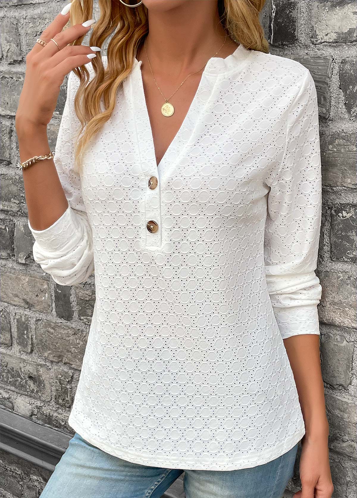 White Split Neck Long Sleeve Button T Shirt