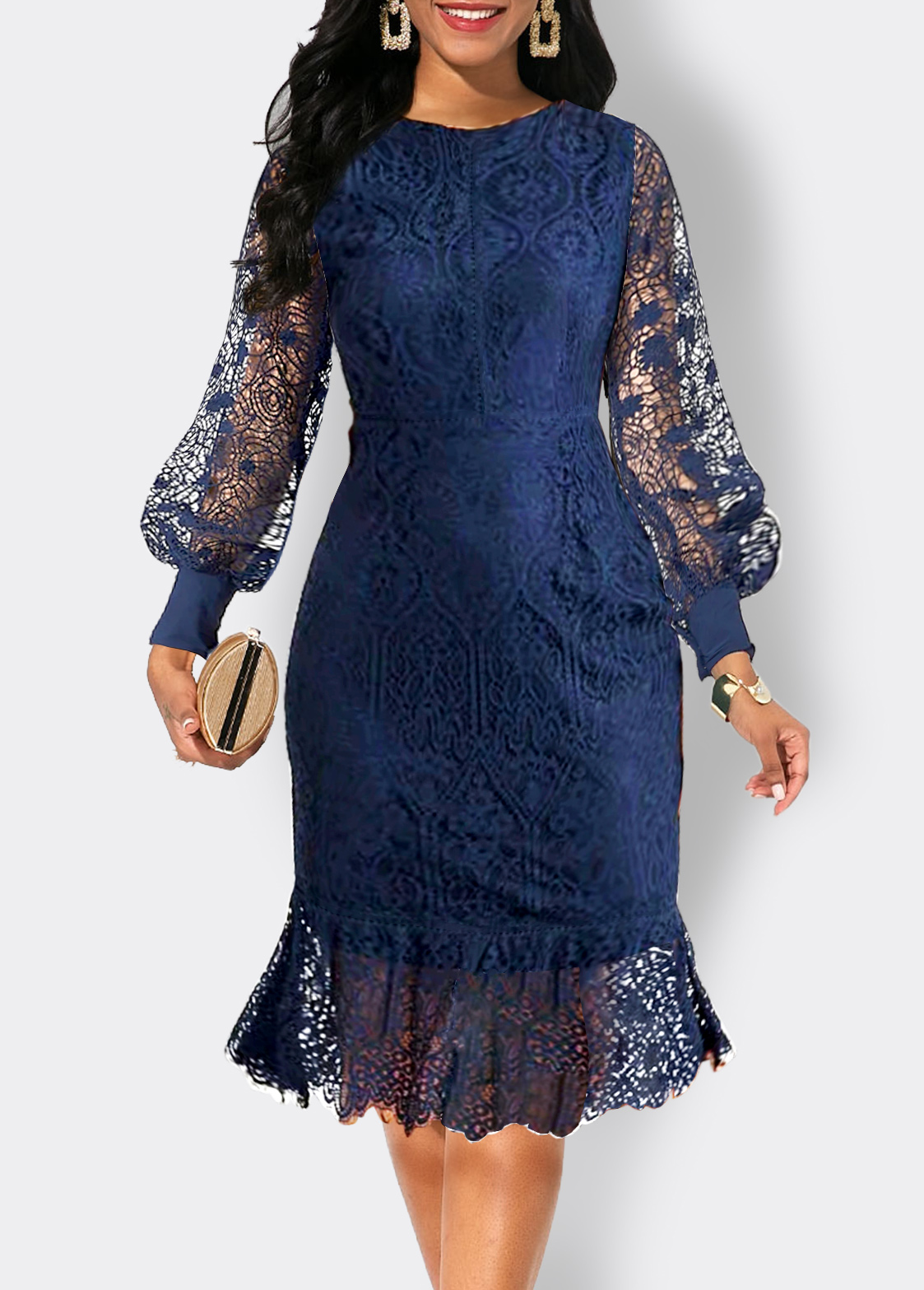 Lace Scoop Neck Long Sleeve Navy Bodycon Dress