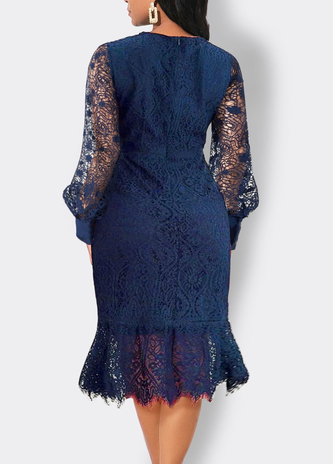 Lace Scoop Neck Long Sleeve Navy Bodycon Dress
