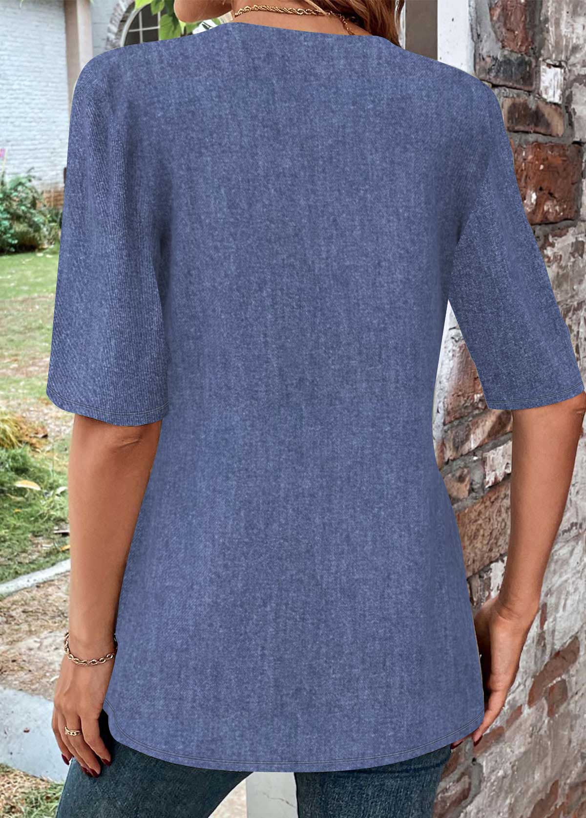 Tribal Print Fake 2in1 Dusty Blue T Shirt