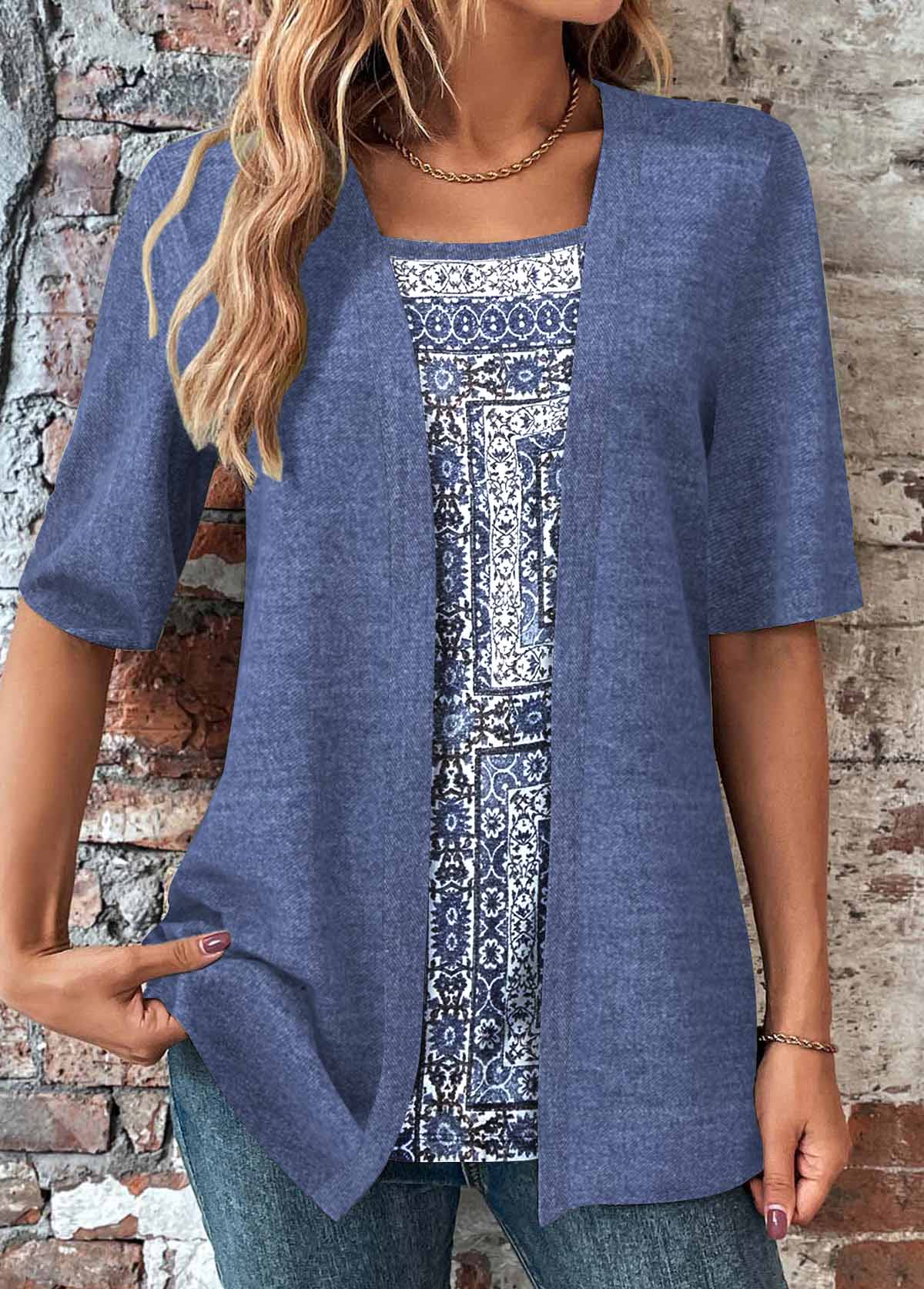 Tribal Print Fake 2in1 Dusty Blue T Shirt