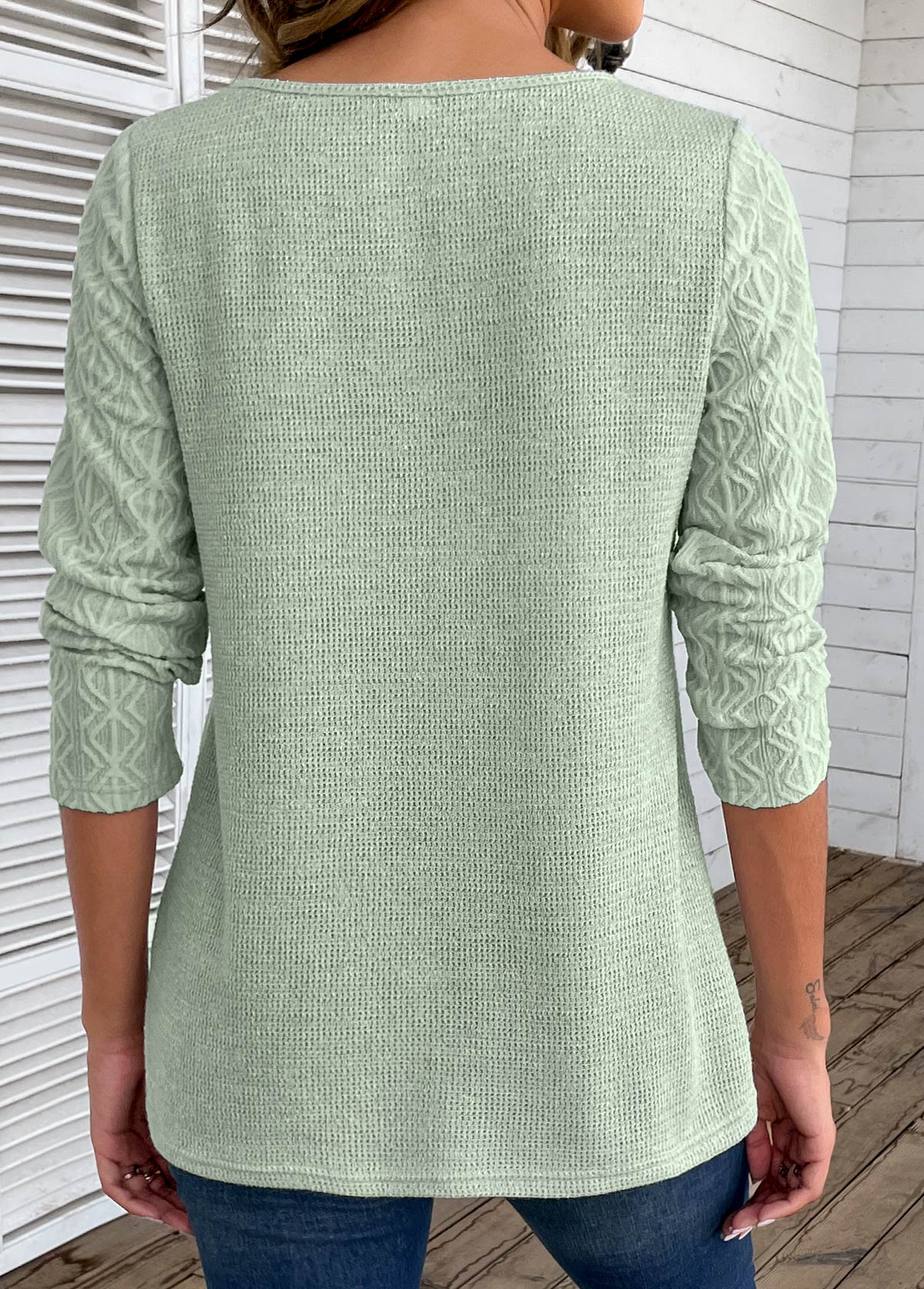 Patchwork Sage Green Round Neck Long Sleeve T Shirt
