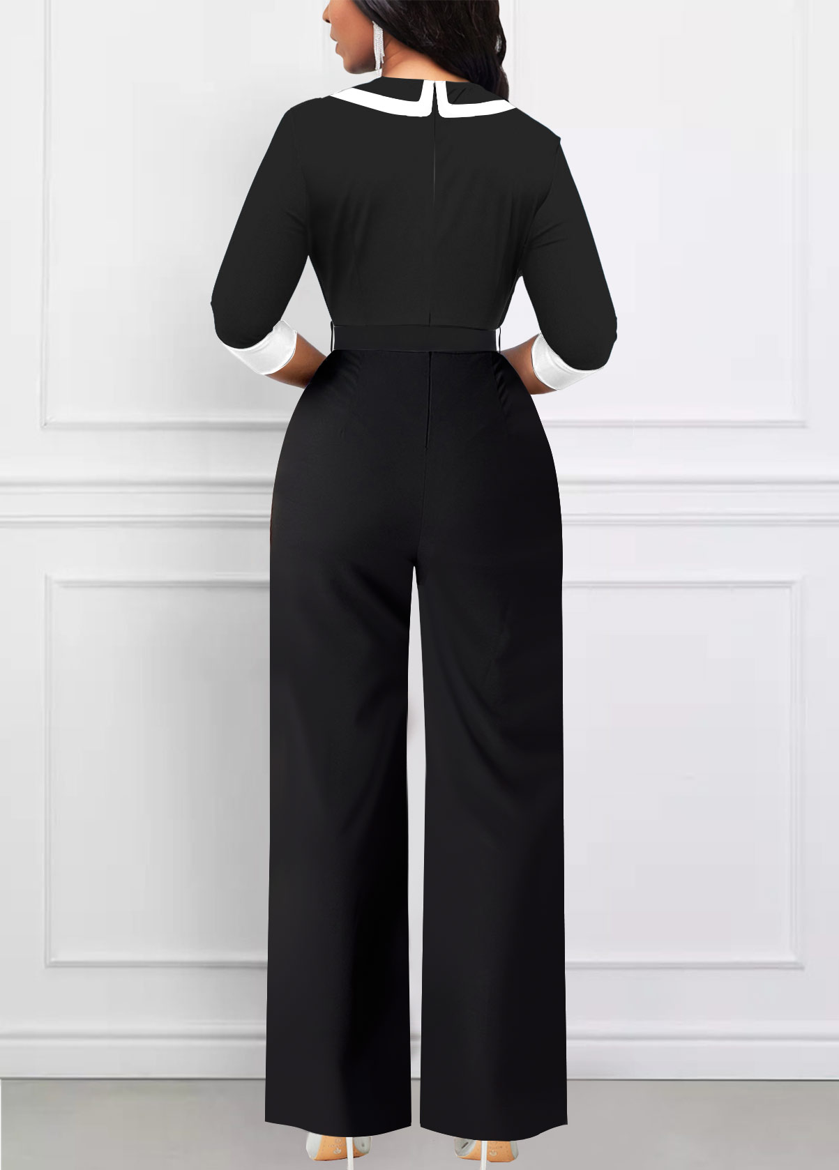 Lapel Patchwork Belted Black Long Jumpsuit