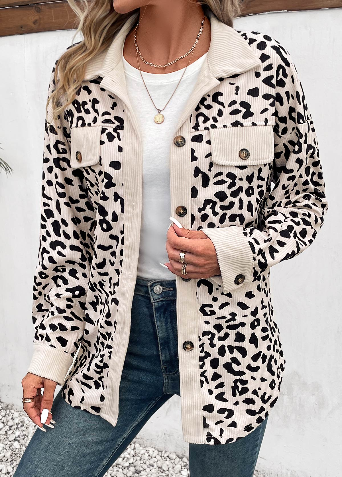 Leopard Patchwork Beige Shirt Collar Long Sleeve Coat