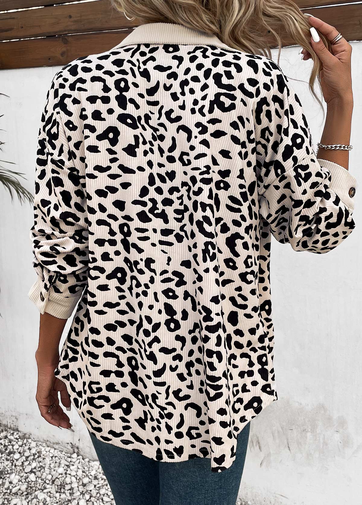 Leopard Patchwork Beige Shirt Collar Long Sleeve Coat