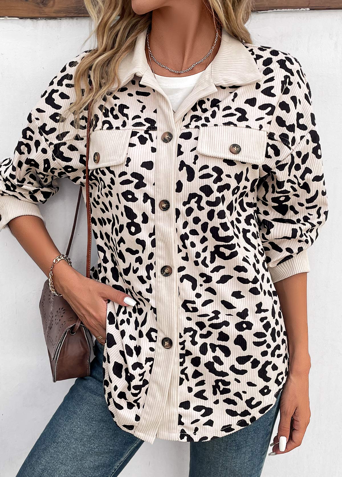 Leopard Patchwork Beige Shirt Collar Long Sleeve Coat