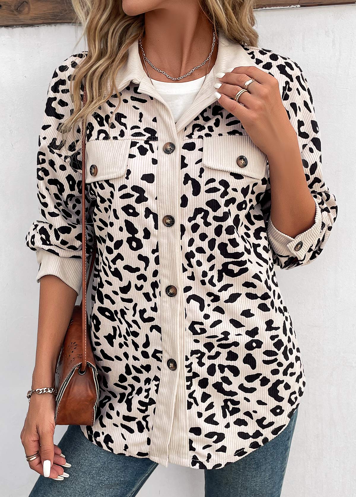 Leopard Patchwork Beige Shirt Collar Long Sleeve Coat