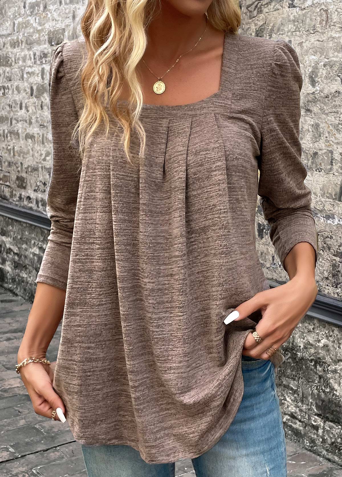 Pleated Light Coffee Square Neck Long Sleeve T Shirt