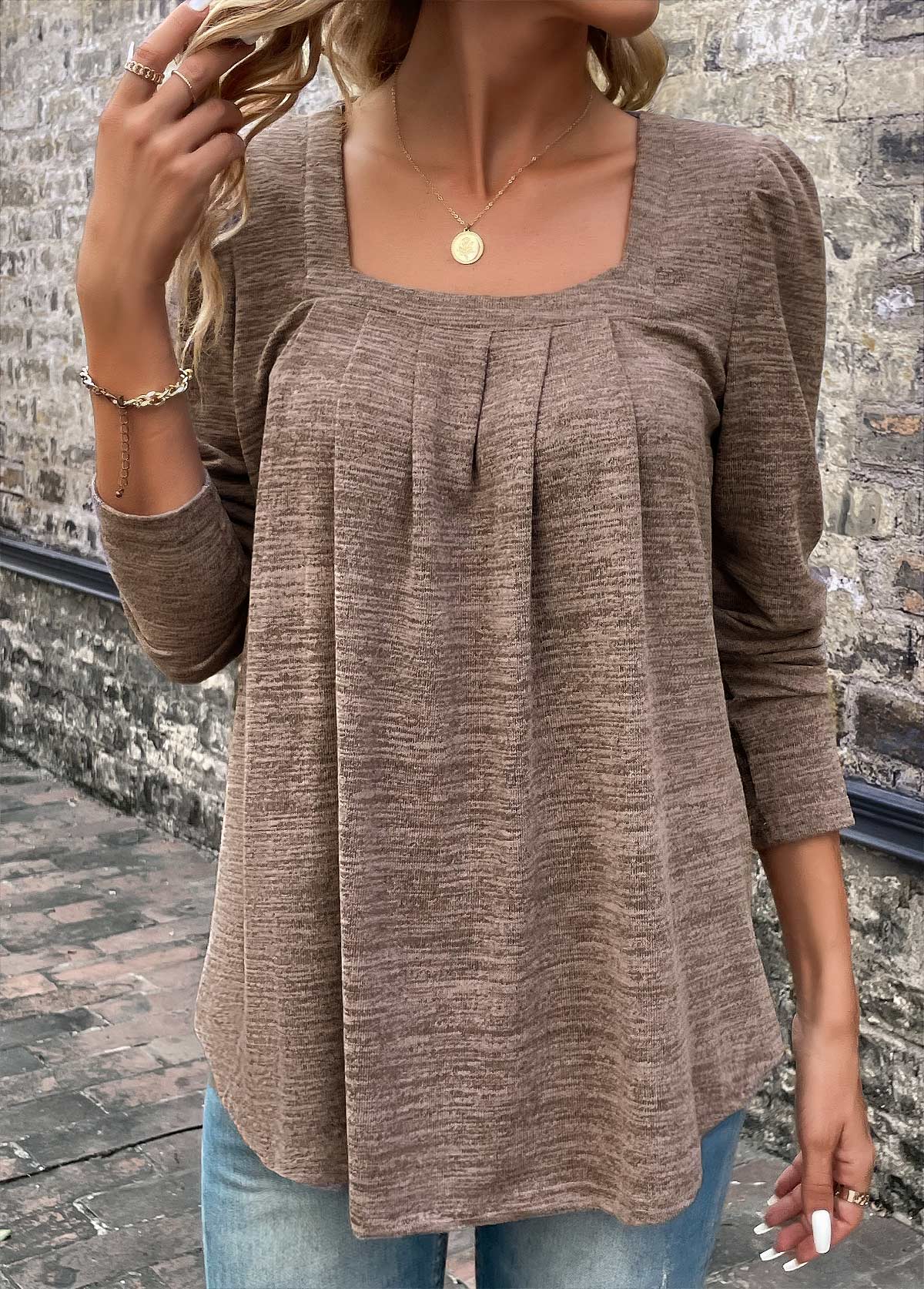 Pleated Light Coffee Square Neck Long Sleeve T Shirt
