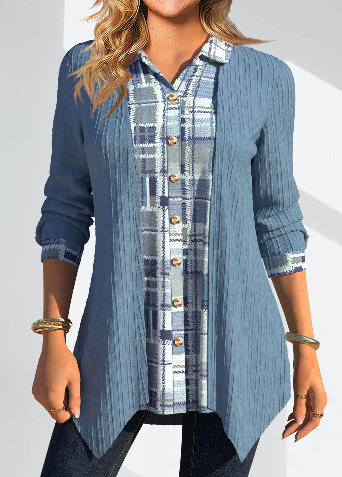 Geometric Print Patchwork Dusty Blue Shirt Collar Blouse