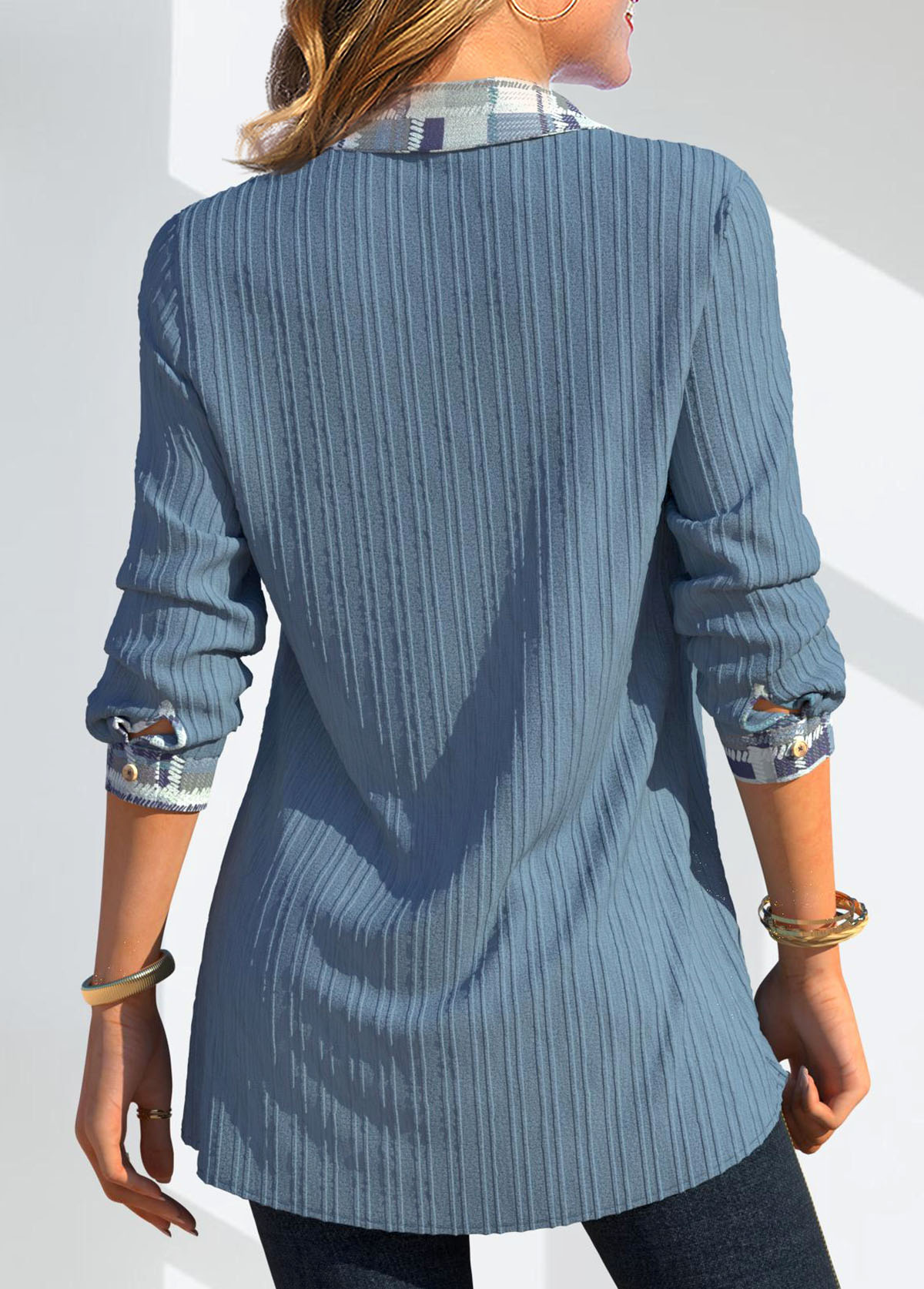 Geometric Print Patchwork Dusty Blue Shirt Collar Blouse