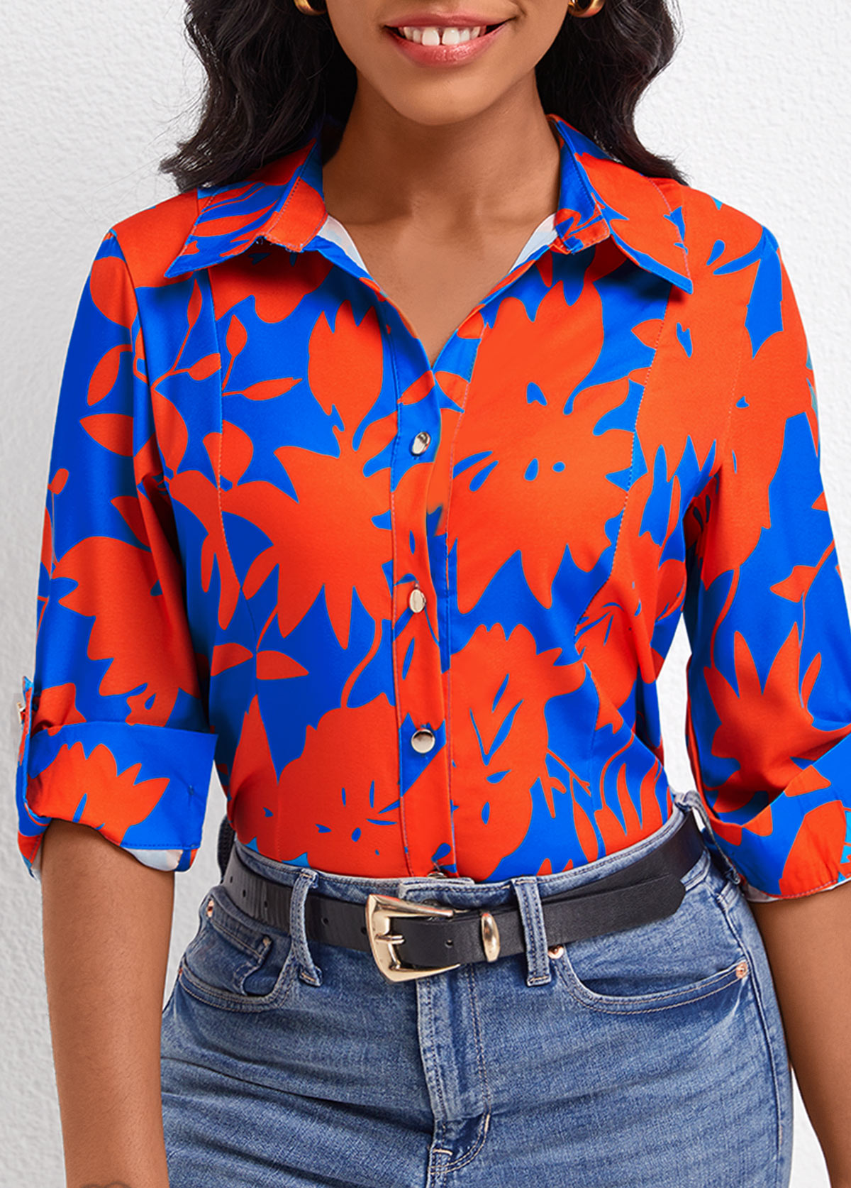 Leaf Print Button Sky Blue Shirt Collar Blouse