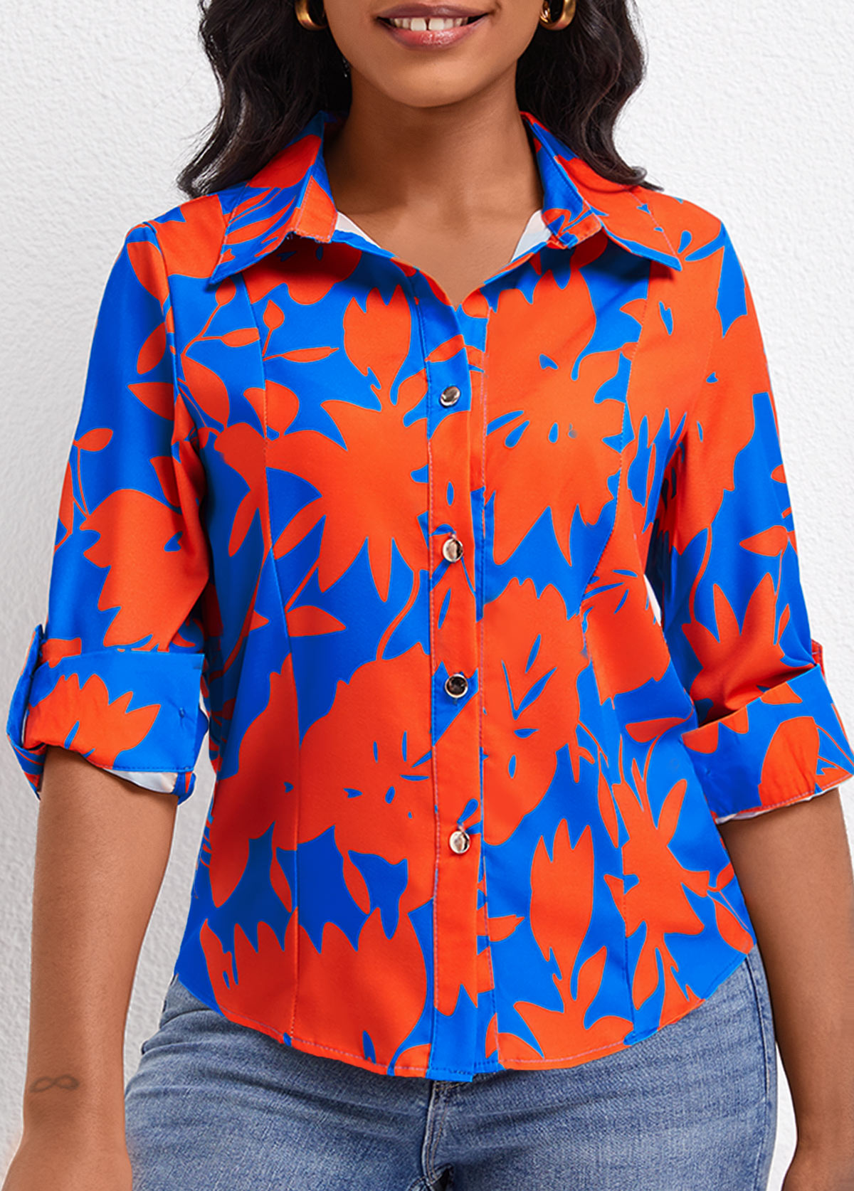 Leaf Print Button Sky Blue Shirt Collar Blouse