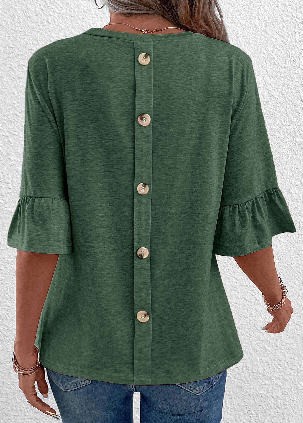 Green Round Neck Half Sleeve Button T Shirt