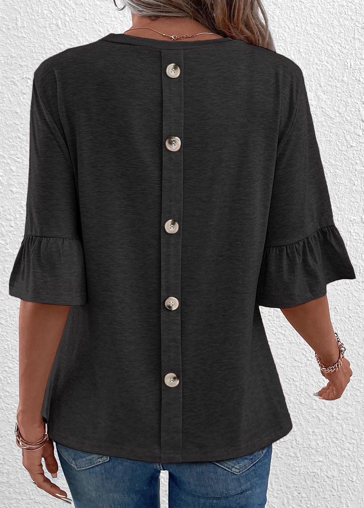 Button Round Neck Half Sleeve Black T Shirt