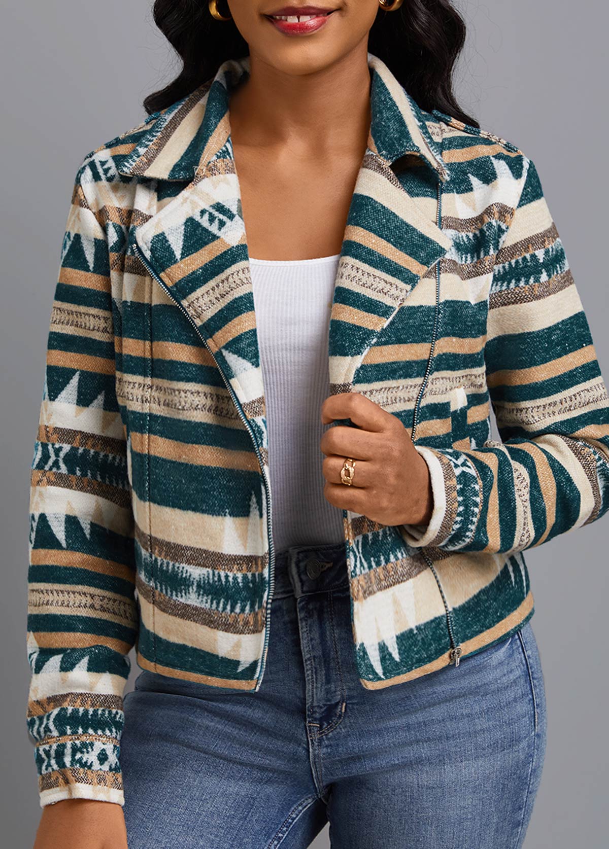 Striped Patchwork Turquoise Lapel Long Sleeve Coat