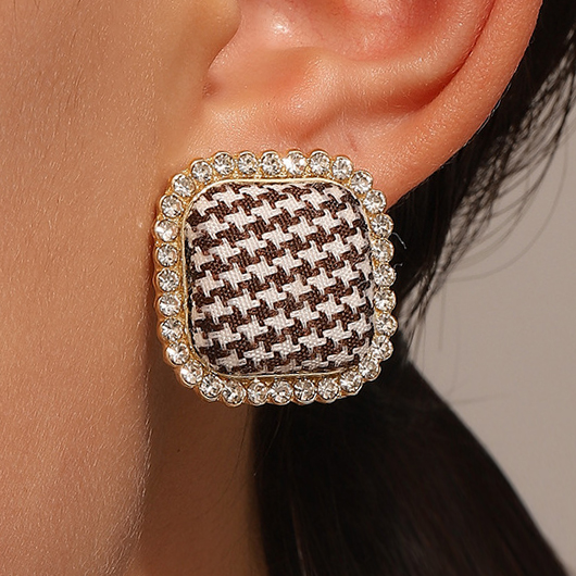 Houndstooth Gold Rhinestone Detail Alloy Earrings
