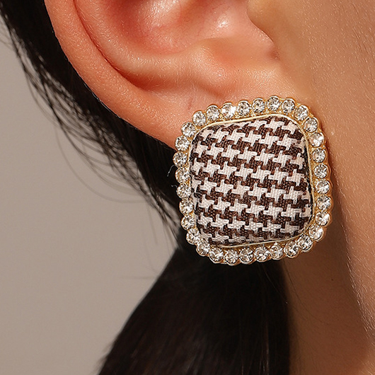 Houndstooth Gold Rhinestone Detail Alloy Earrings