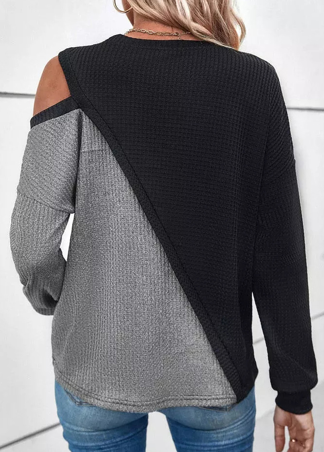 Patchwork Round Neck Long Sleeve Black Sweatshirt