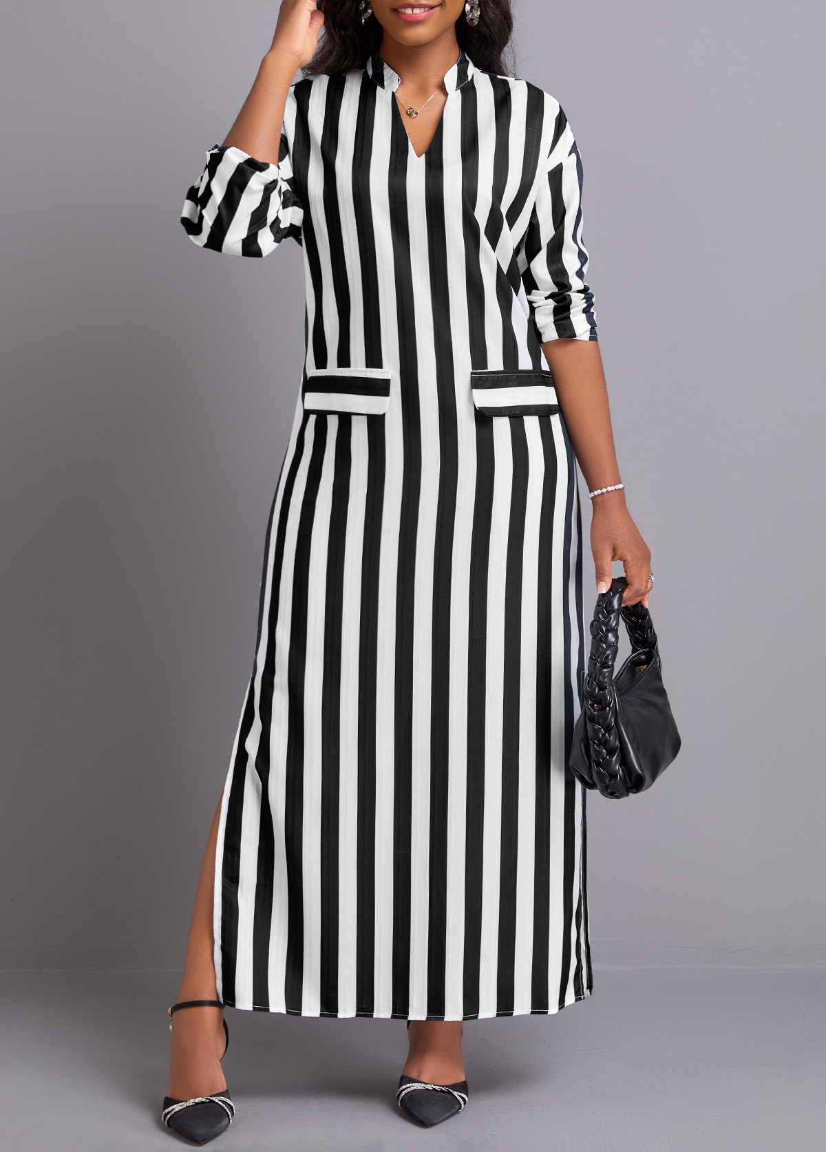 Striped Side Slit Black Maxi Dress