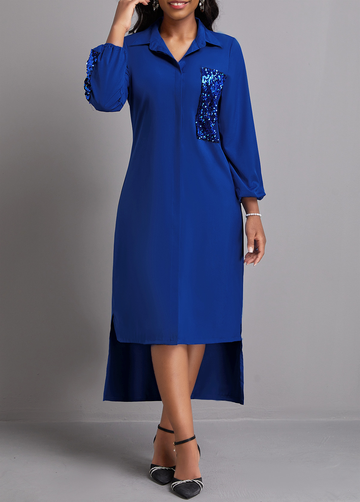 Button Blue High Low Patchwork Dress | Rosewe.com - USD $33.98