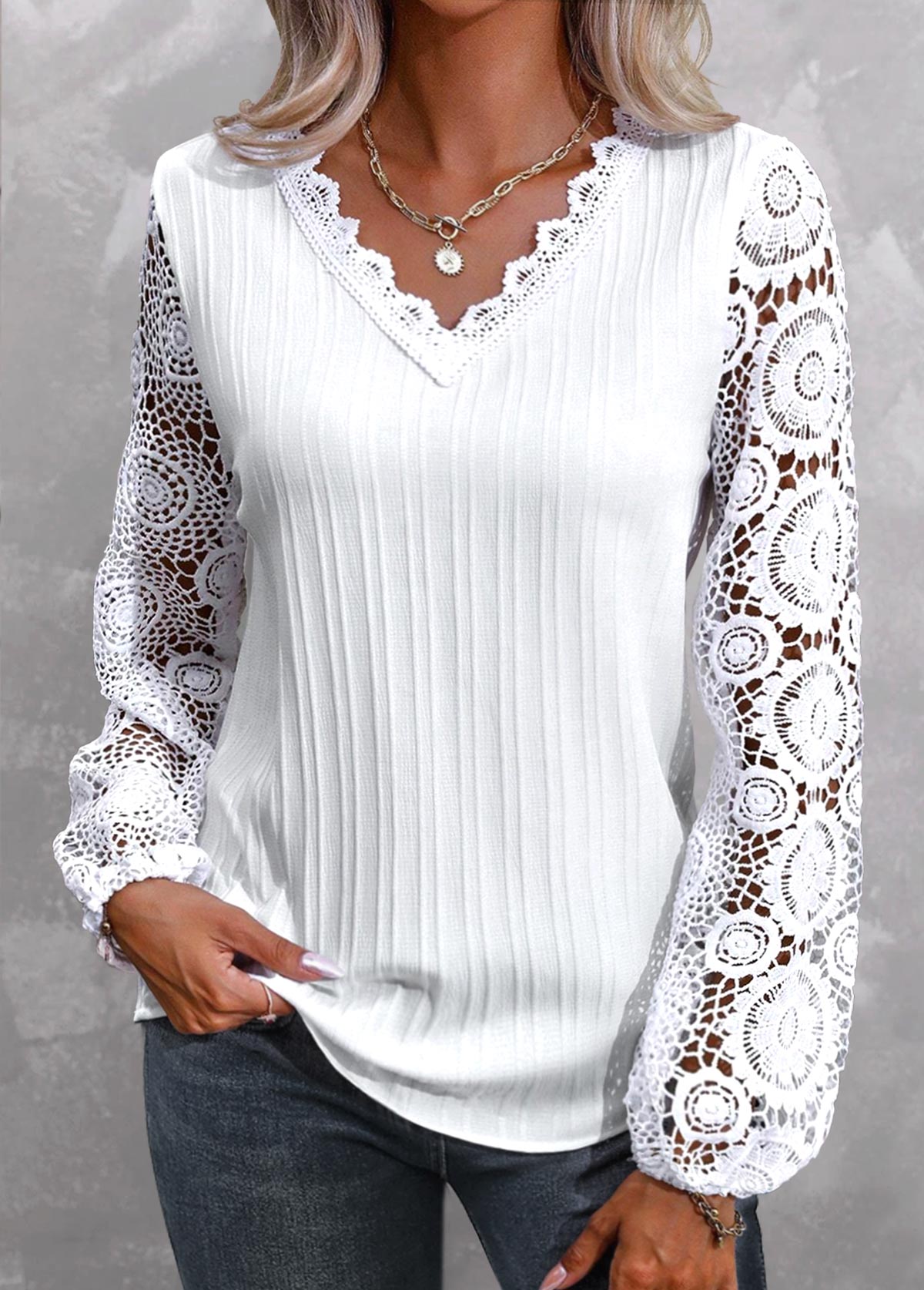 Plus Size White Lace Long Sleeve Blouse | Rosewe.com - USD $29.98