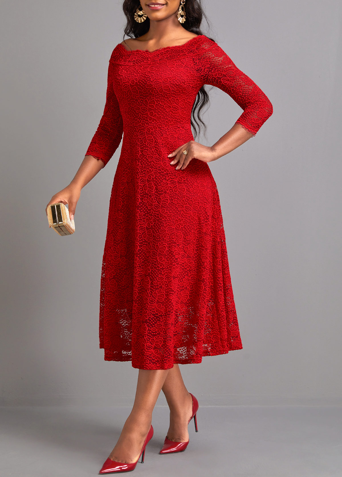 Lace Red Boat Neck Layered Dress