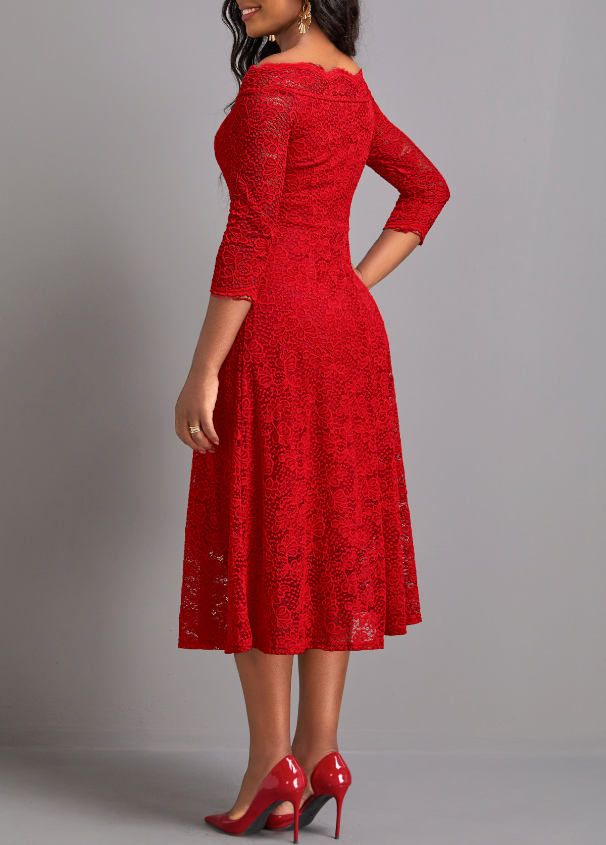 Lace Red Boat Neck Layered Dress
