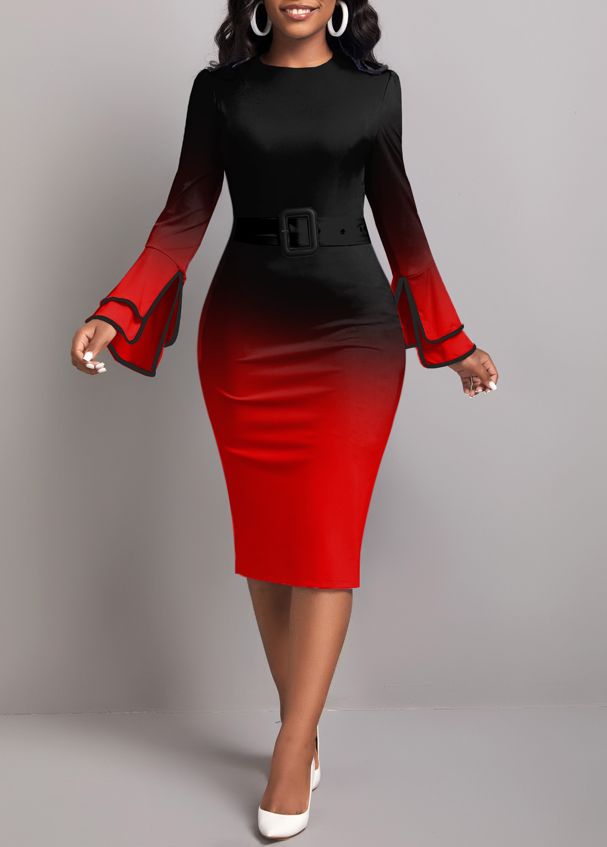 Ombre Contrast Binding Belted Red Bodycon Dress