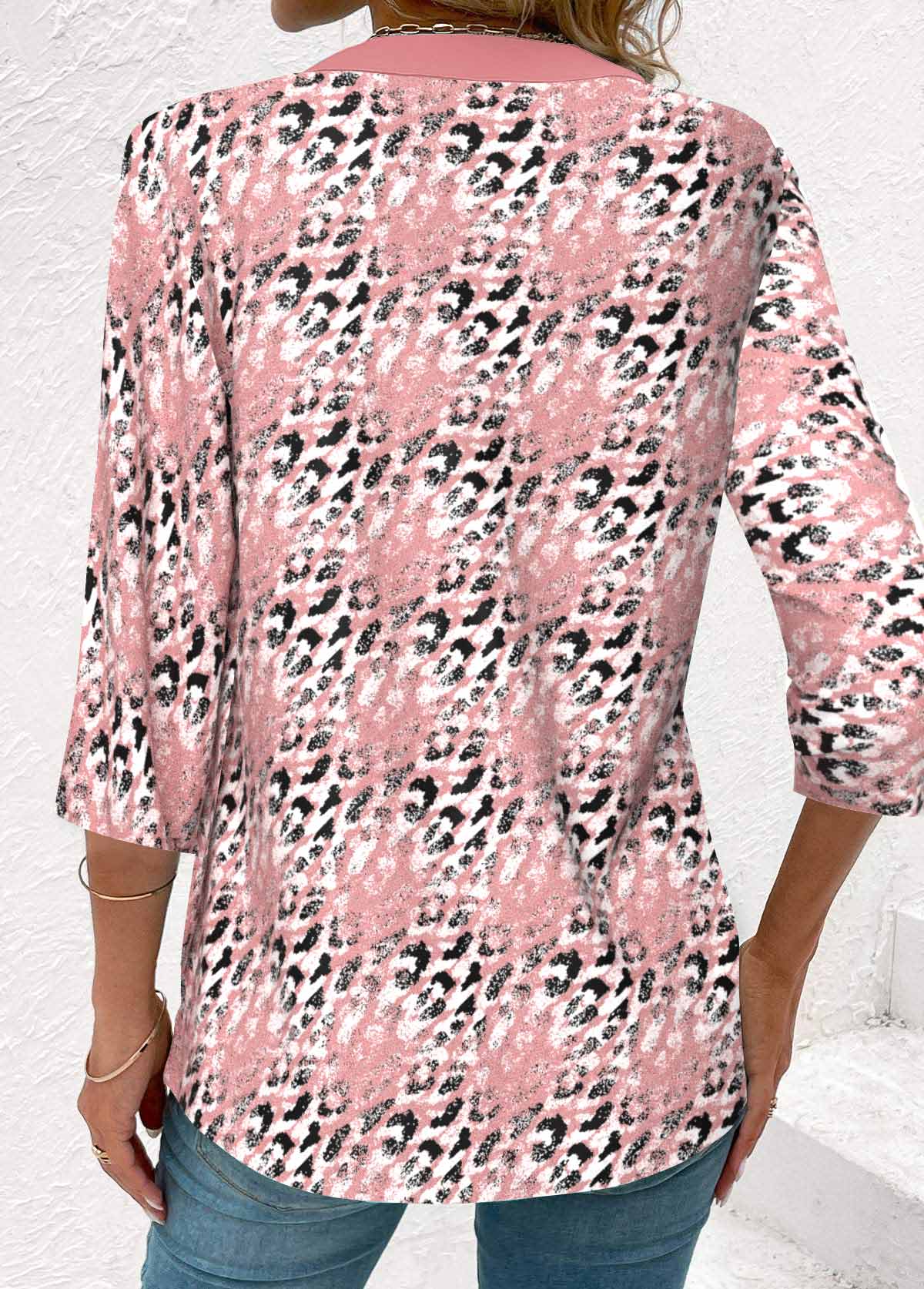 Leopard Fake 2in1 Pink Square Neck T Shirt