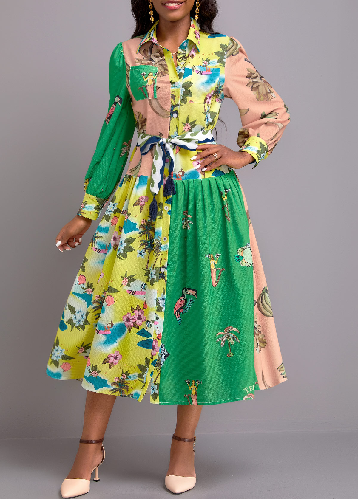 Floral Print Button Belted Multi Color Dress