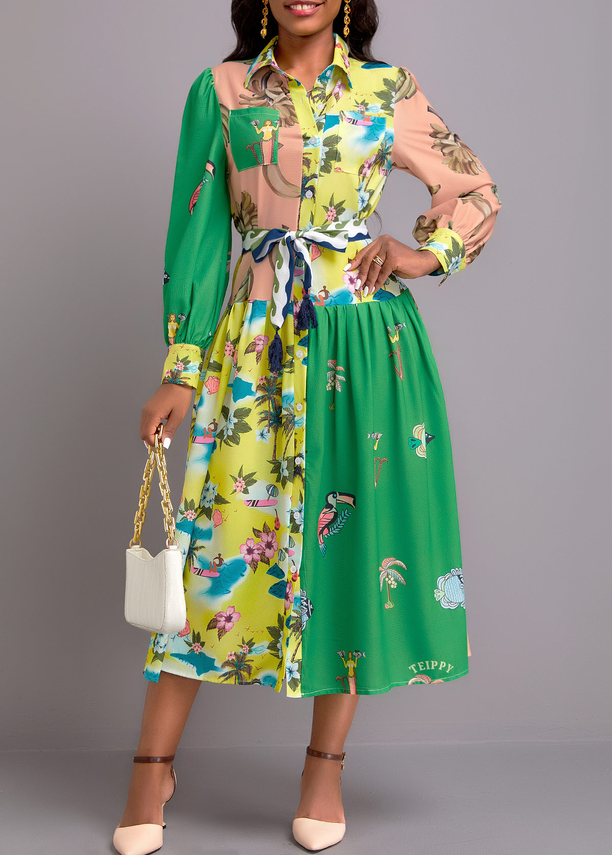 Floral Print Button Belted Multi Color Dress