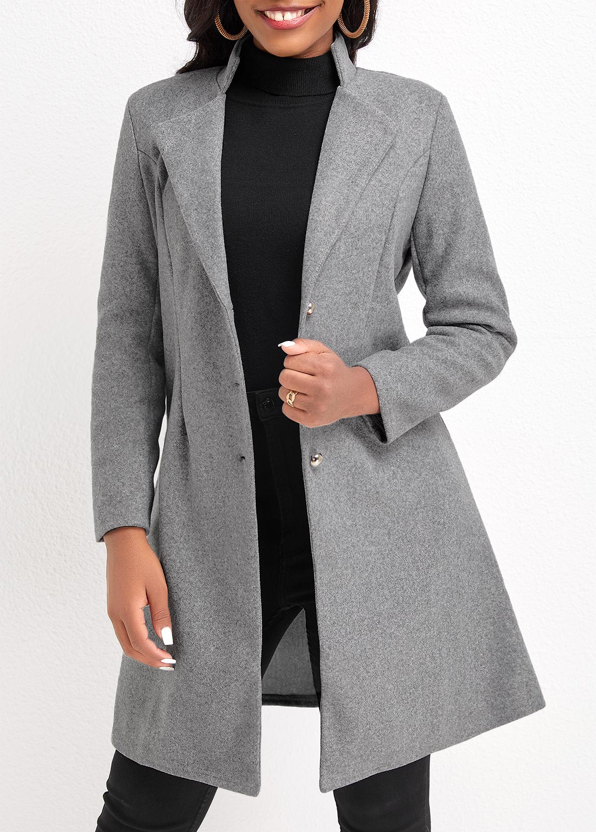 Grey Lapel Long Sleeve Button Coat
